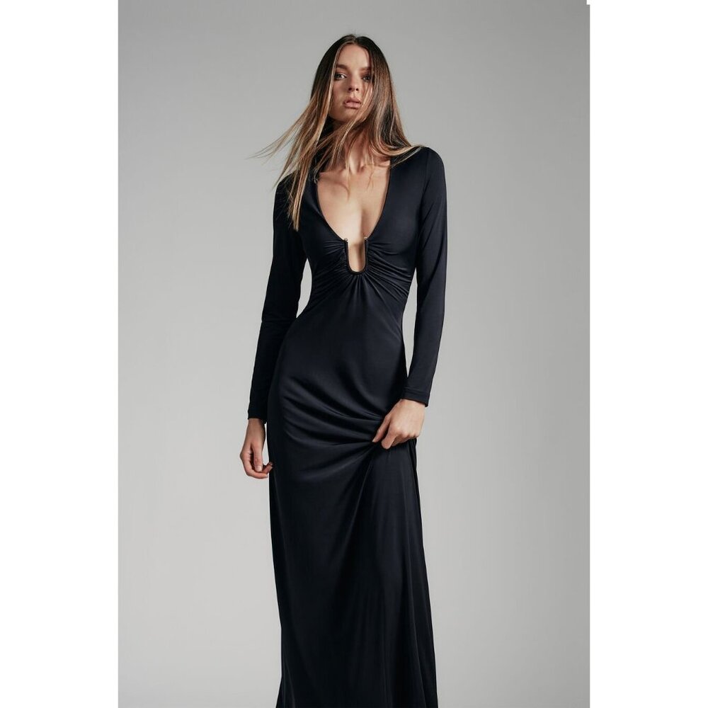 Bardot Womens Long Sleeve Black Maxi Dress With Ruched Front & Gold Detail Size
